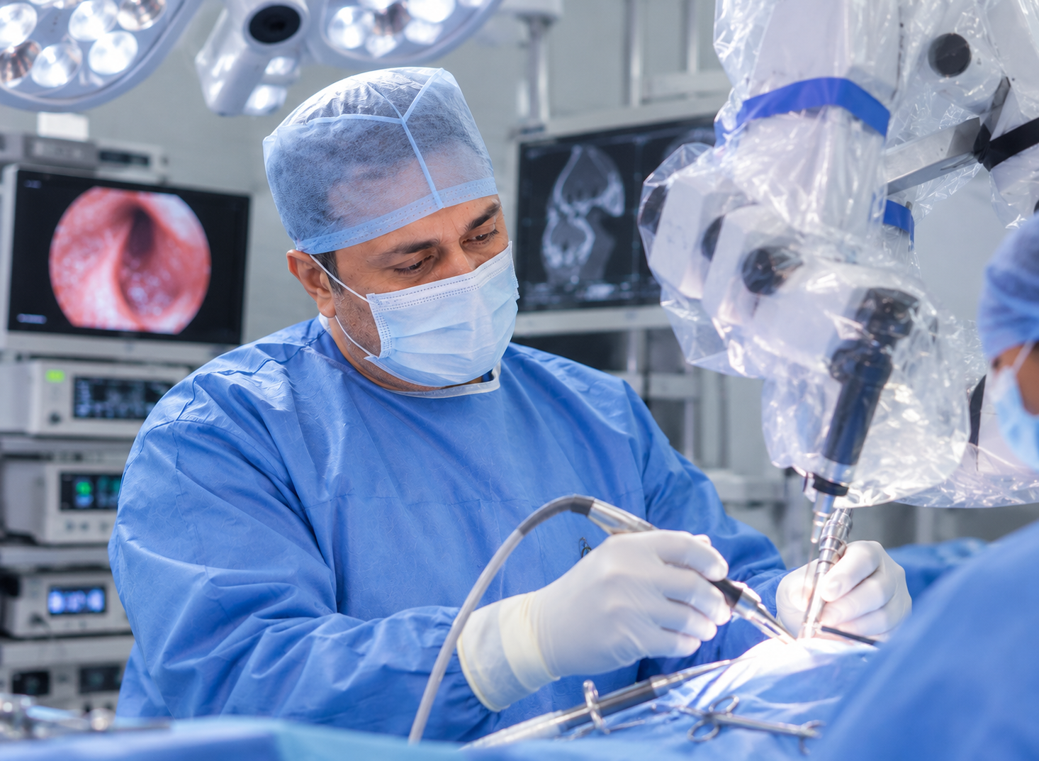 Dr Noor Ul Din Malik performing robotic ENT and head neck surgery in Delhi
